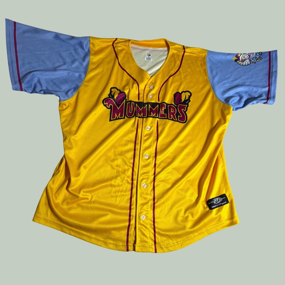 OT Sports Philadelphia Mummers Baseball Jersey Yellow Blue 2XL Button Up Mesh
